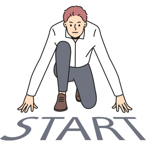 スタートラインの前にクラウチングスタイルで身構えている男性